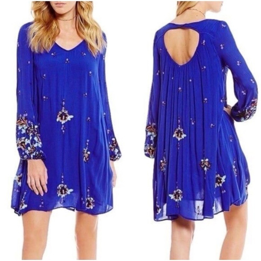 Free People Oxford Embroidered Mini Swing Dress Size M Cobalt Blue Boho Festival